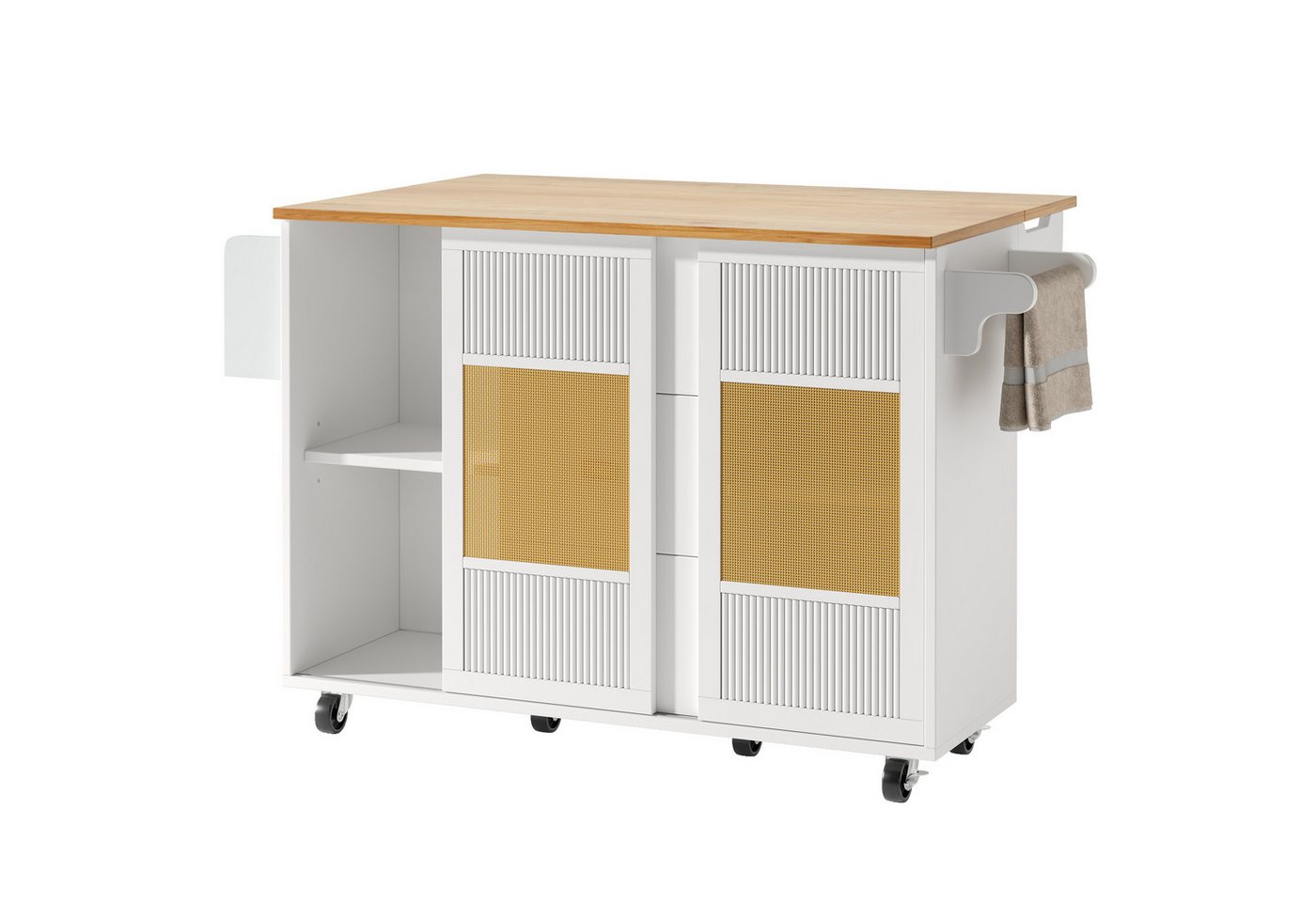 Flieks Küchenwagen mit erweiterbarer Arbeitsplatte, Rollen und Rattan-Schiebetüren, (1 St), Servierwagen mit Schubladen Kücheninsel Buffetschrank Rollwagen weiß Bild 4