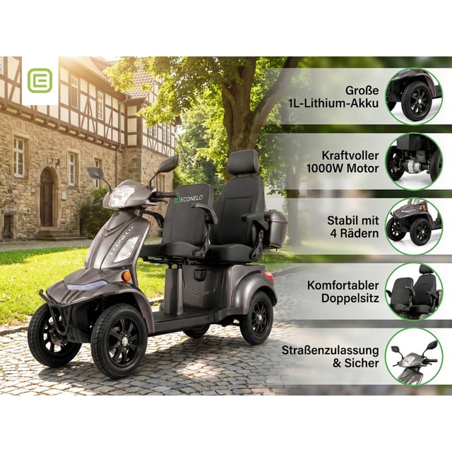ECONELO E-Seniorenmobil Vista Quarter-1L, Blei-Akku, 4-Rad, 60V, 1000 Watt, normal Sitz, Grau