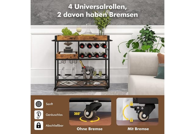 Costway 3 Ebenen Servierwagen Holz Glashalter Vintage