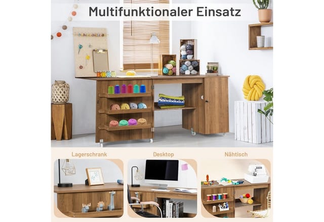 Costway 2 In 1 Nähtisch Nähschrank Klappbar Natur 158 x 50 x 75 cm
