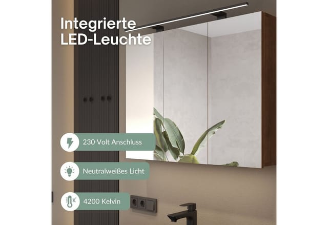 Planetmöbel Badezimmerspiegelschrank Spiegelschrank ARIA (Spiegelschrank Bad 100 cm mit Beleuchtung und Steckdose, Badspiegelschrank 3-türig)
