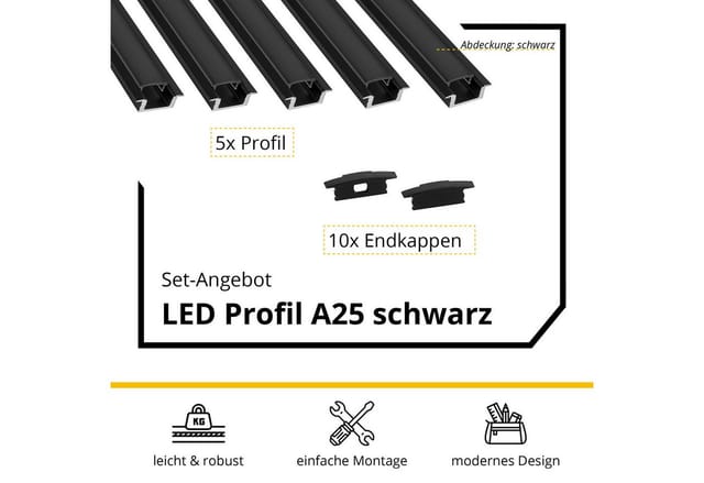 tktrading24 LED-Stripe-Profil 5x A25 LED Profil 2m - Schwarz inkl. Abdeckung & Endkappen