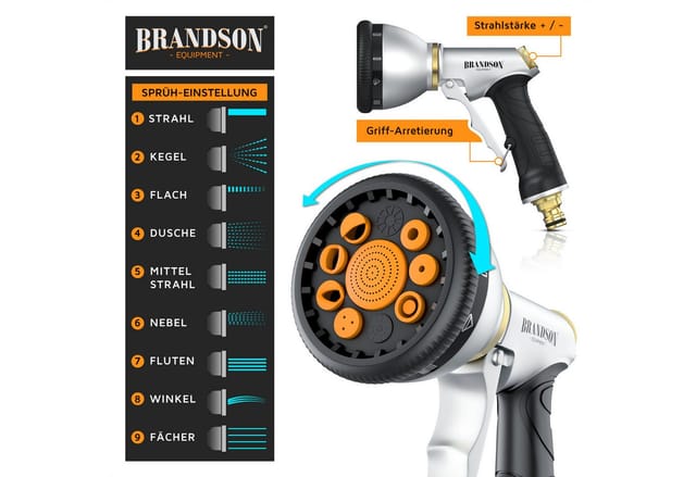 Brandson Gartenschlauch 15 m flexibler Wasserschlauch mit 9 Funktionsdüsen, Flexischlauch, dehnbar von 5 auf 15 m, zieht sich platzsparend wieder zusammen, (Set, 5 St., inkl. Gartenbrause, 2-Weg-Verteiler), multifunktional, 3/4-Zoll- und 1/2-Zoll-Anschlüsse, Wandaufhängung