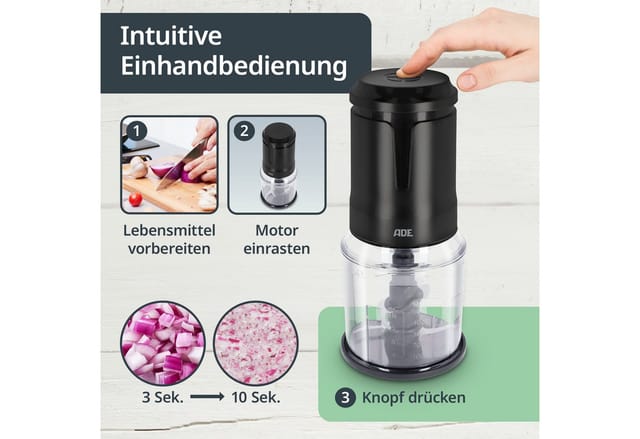 ADE Zerkleinerer Küche elektrisch, Gemüse- und Zwiebelschneider, 400 W, 4 scharfe Edelstahlklingen, 500 ml Kapazität