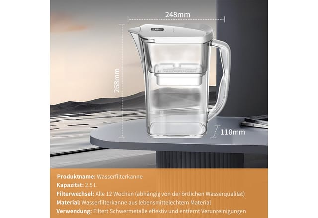 HOMELIVE Wasserfilter Wasserfilterkanne 2,5 L mit LED-Countdown-Anzeige, Filtert Schwermetalle & Verunreinigungen, 3-monatige Filterlebensdauer