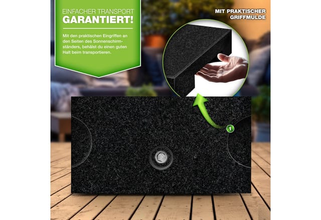 Tillvex® Granit Sonnenschirmständer Mit Transportgriff Schwarz - 27 Kg Rechteckig Schirmständer Sonnenschirm Mit Edelstahlrohr Balkonschirmständer Für Schirmstöcke 16-48 Mm & 300 Cm Schirmdurchmesse