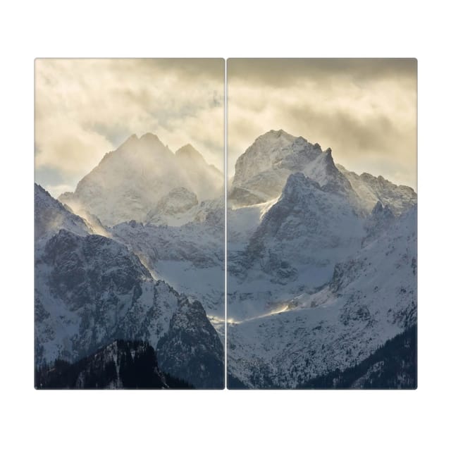 Banjado Herdabdeckplatte Glas 2 Teilig Je 30x52CM Schneidebrett Herdabdeckung Mit Motiv Alpen Im Sonnenschein