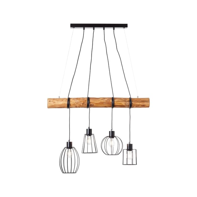 BRILLIANT Lampe, Keyla Pendelleuchte 4flg schwarz/holzfarbend, 4x A60, E27, 25W, Holz aus nachhaltiger Waldwirtschaft (FSC)