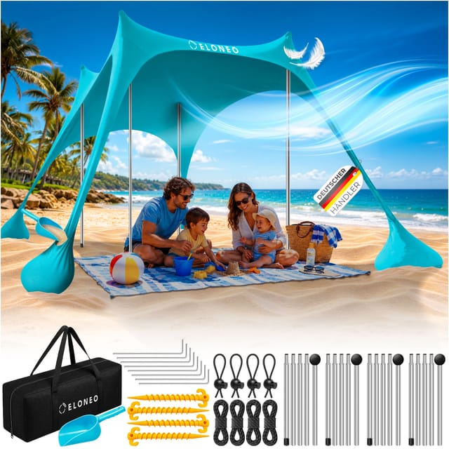 ELONEO Strandzelt, Sonnensegel Strand 300x300x200 cm, LSF 50+, Sonnenschutz für Strand mit Sandschaufel, Heringen und 4 Stabilitätsstangen, 8 Personen, Türkis