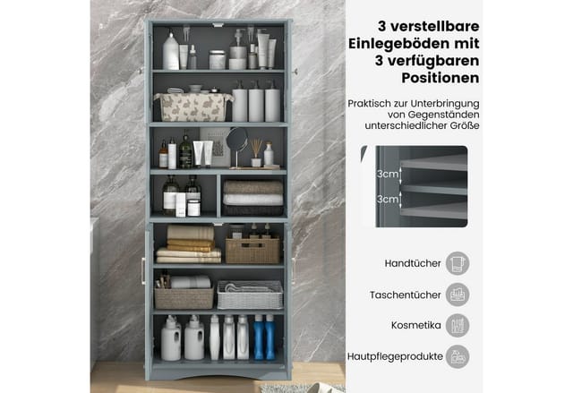 COSTWAY Badkommode schmal, Badschrank mit 4 Türen & 3 verstellbare Ablage