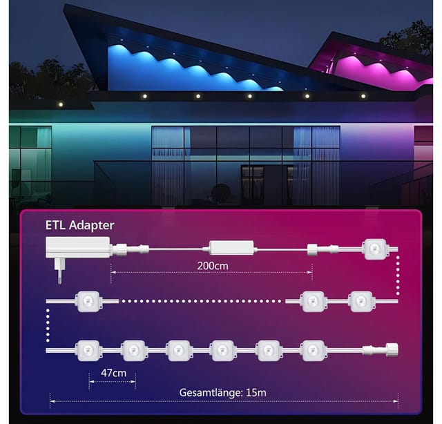 Lapamax LED-Streifen Permanente Außenbeleuchtung Outdoor Wasserdicht Trauflichter Musiksyn, 15M 30M RGBIC LED Streifen Lichterkette für Garten Party Wandleuchten