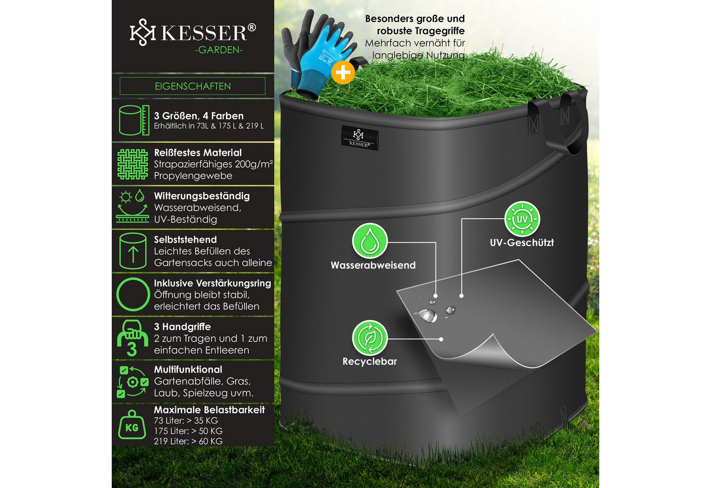 KESSER Gartensack, 73 l, (3-tlg), Pop-Up-Gartensack Laubsack Gartenabfallsack inkl. Handschuhe