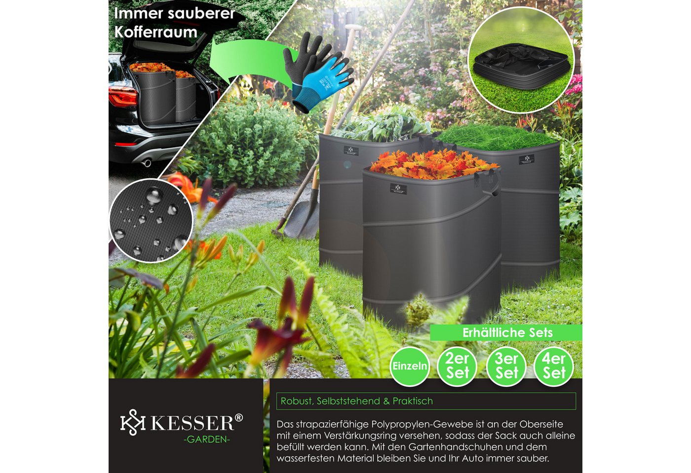 KESSER Gartensack, 73 l, (3-tlg), Pop-Up-Gartensack Laubsack Gartenabfallsack inkl. Handschuhe Bild 2