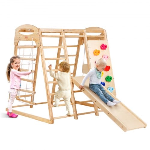 VEVOR Indoor Klettergerüst, 7-in-1 Multifunktional Spielplatz, mit Holz- & Seilleiter, Netzleiter, Schaukel, Kletterstange, Rutsche, Kletterwand, Kletterspielzeug für Kinder im Alter von 2-6 Jahren