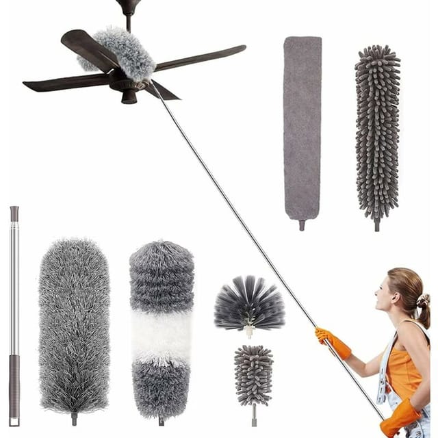 Staubwischer Und Bodenreiniger, 7-teiliges Teleskop-mikrofaser-reinigungsset Mit Waschbarem Edelstahlgriff Und Abnehmbaren Köpfen, Staubwischer Für Decken, Vorhänge, Ventilatoren, Spinnweben Und Jalou
