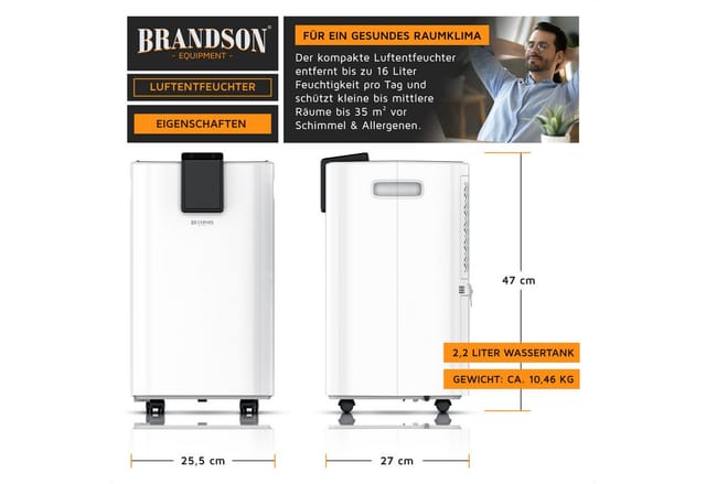 Brandson Luftentfeuchter Kompressor, 16L/24h, Raumentfeuchter, 35m², Automatik, Timer, Entfeuchtung 16 l/Tag, Tank 2,2 l, Ablaufschlauch, Wäschetrocknen, 2,2L Tank, Defrost, Rollen