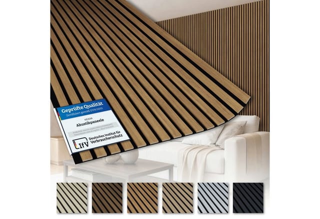 AKUSTIKO Wanddekoobjekt AK06 (Lamella Akustikpaneele 2 Stück 280x60cm - flexible Filz MDF Wandpaneele fugenlos - überlappende Holz Lamellenwand, Holzlamellen dünn - Akustik Wandverkleidung von HEXIM (3.36m² Natural Teak)