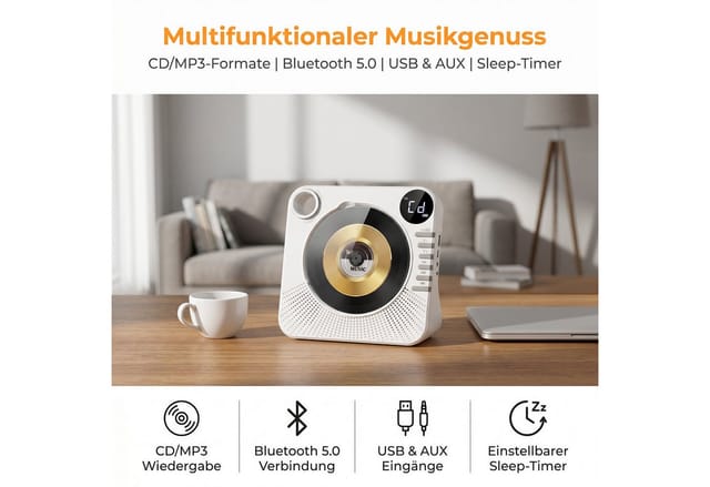 AKKEE Tragbarer CD-Player mit Bluetooth, USB/AUX-Anschluss und LCD-Display CD-Player (Tragbarer cd Player für Zuhause)