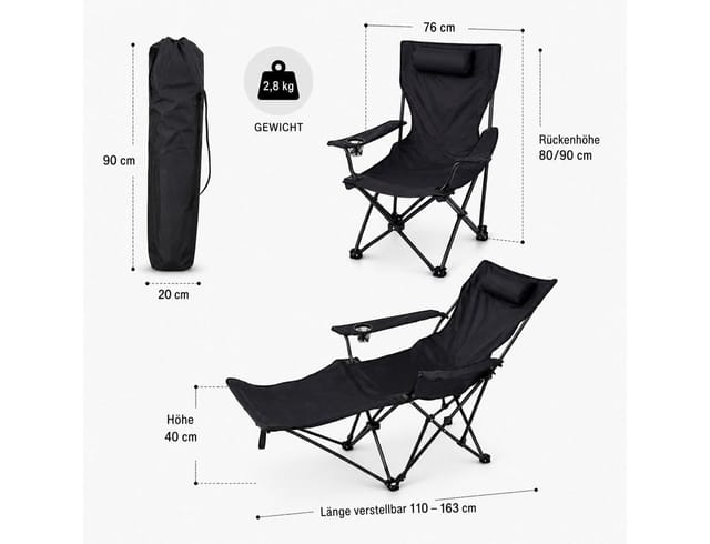 BigDean Faltstuhl Verstellbarer Campingstuhl mit Fußablage Faltbar Tragetasche (Packung, 1 St), Verstellbare Hohe Rückenlehne, Getränkehalter, 130kg Tragkraft