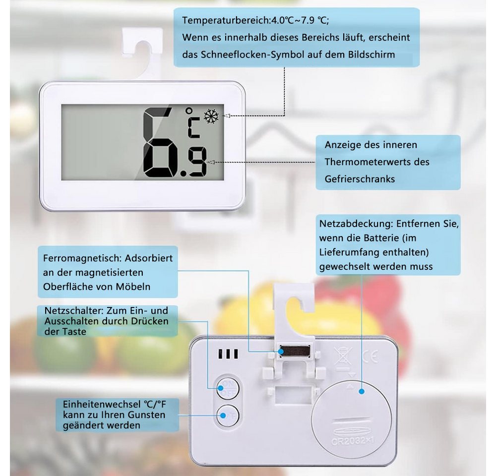 TUWENA Kühlschrankthermometer Digitale Kühlschrankthermometer, 2 Stk Mini Gefrierschrank Thermometer, 2-tlg., Refrigerator Thermometer, LCD-Anzeige,für Küche/Restaurants/Bars/Cafés Bild 2