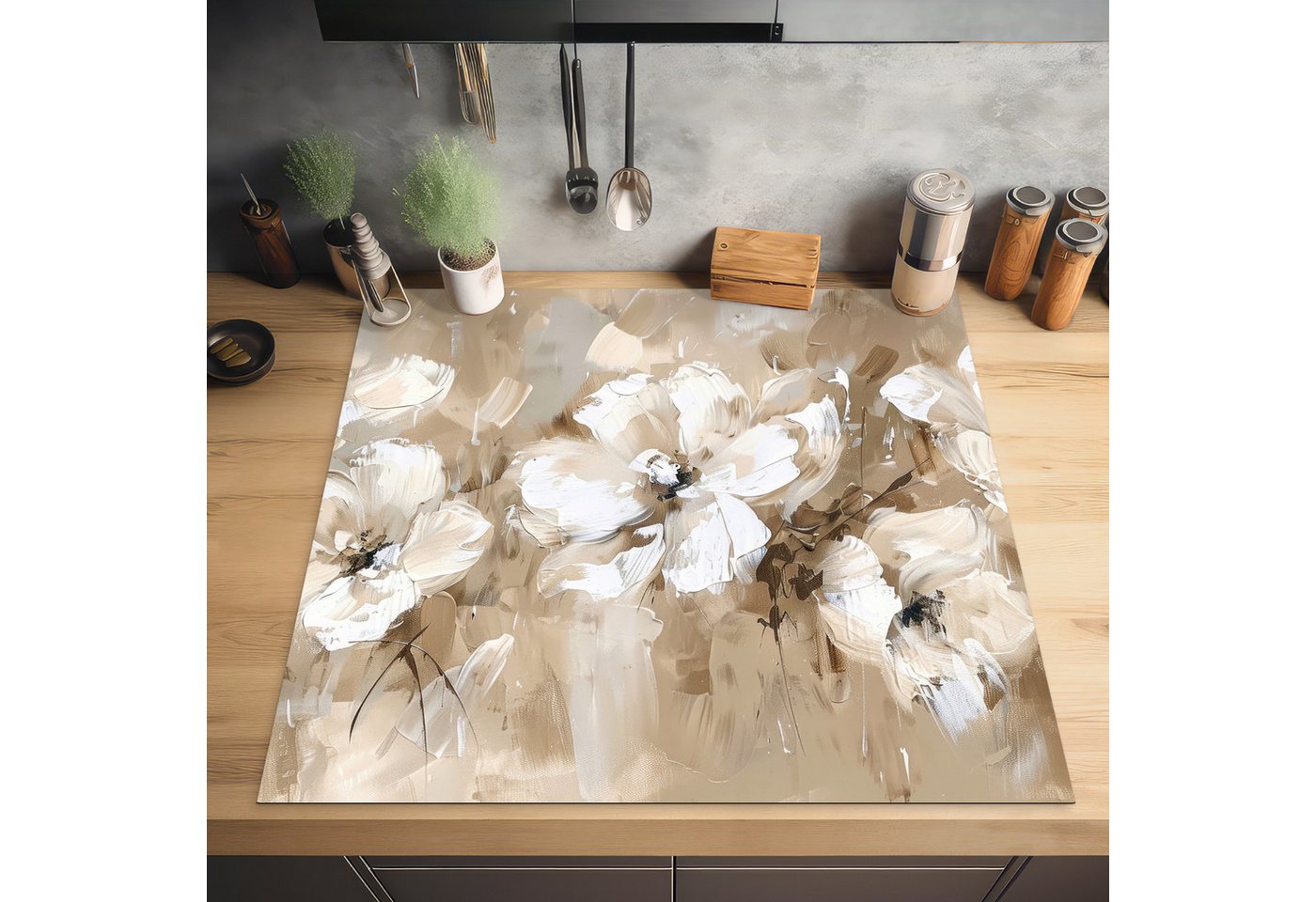 MuchoWow Herd-Abdeckplatte Beige - Blumen - Abstrakt - Modern, Vinyl, (1 tlg), Cerankochfeld Abdeckung, Herd Abdeckplatten Vinyl, 58x59 cm