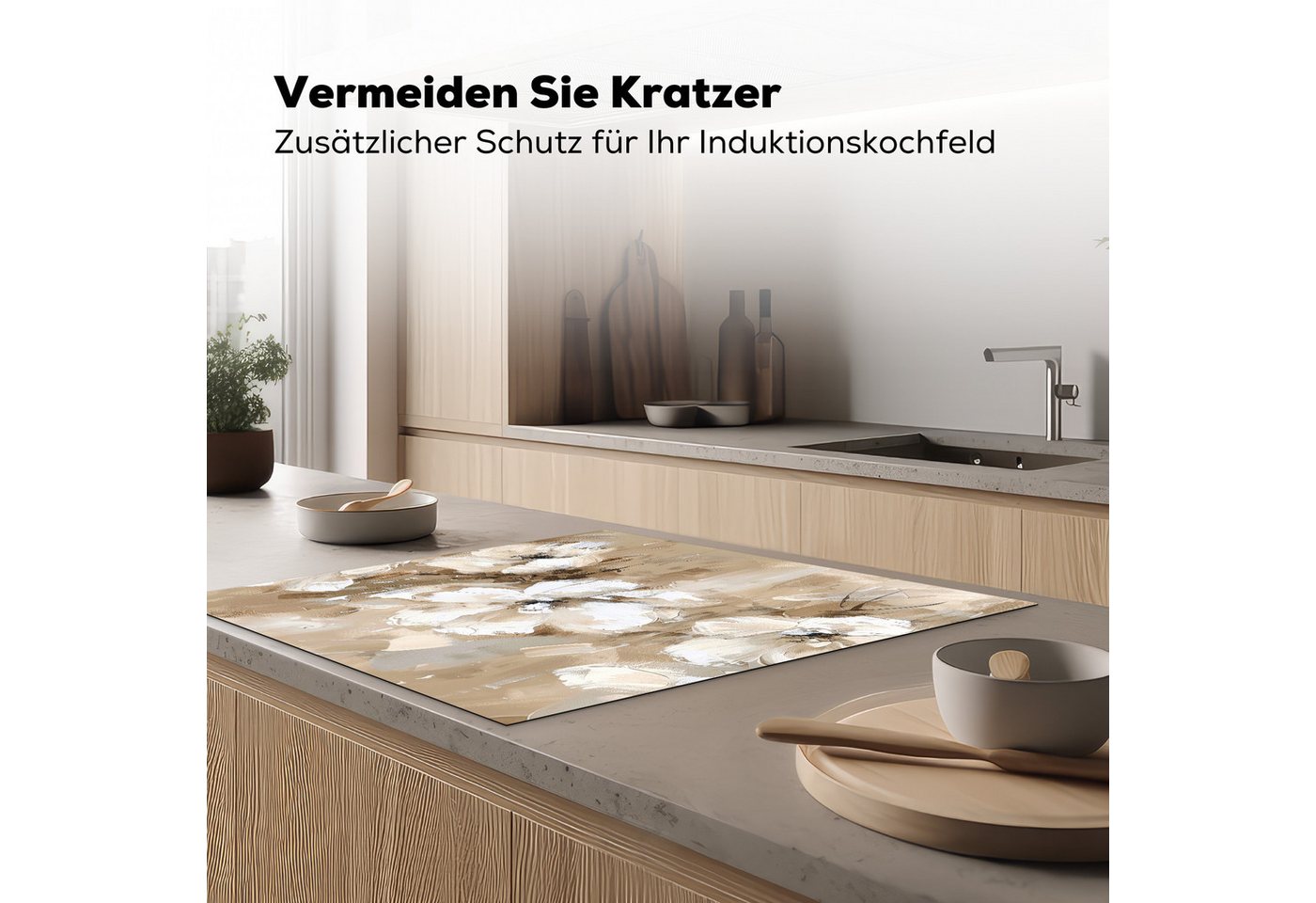 MuchoWow Herd-Abdeckplatte Beige - Blumen - Abstrakt - Modern, Vinyl, (1 tlg), Cerankochfeld Abdeckung, Herd Abdeckplatten Vinyl, 58x59 cm Bild 2
