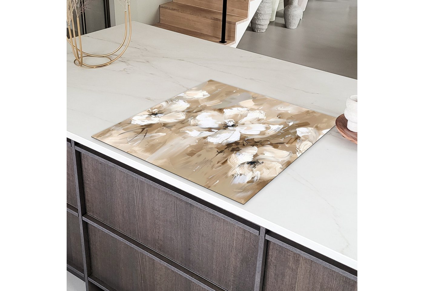 MuchoWow Herd-Abdeckplatte Beige - Blumen - Abstrakt - Modern, Vinyl, (1 tlg), Cerankochfeld Abdeckung, Herd Abdeckplatten Vinyl, 58x59 cm Bild 4
