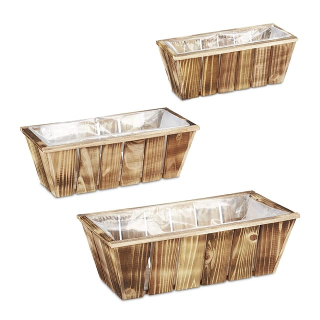Blumenkasten 3er Set, Pflanzkästen In 3 Größen, Geflammtes Holz, Pflanzgefäße Mit Folie, Innen & Außen, Braun - Relaxdays
