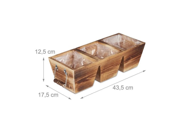 Blumenkasten, 3 Fächer, Holz Pflanzkasten Mit Folie, Hxbxt: 12,5 X 43,5 X 17,5 Cm, Vintage Kräuterkiste, Natur - Relaxdays