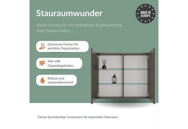Planetmöbel Spiegelschrank ARIA Badschrank mit Spiegel hängend 80 cm (Spiegelschrank Bad 80 cm mit Beleuchtung und Steckdose, Badspiegelschrank 2-türig) Steckdose für Elektrogeräte