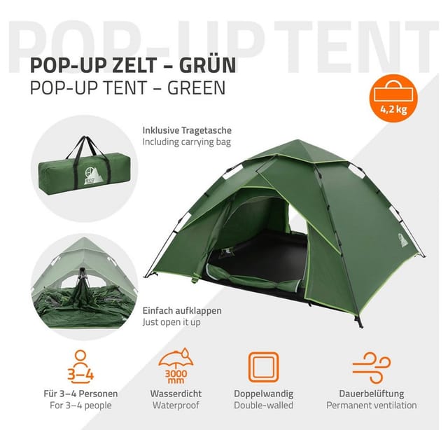 ECD Germany Kuppelzelt Pop-Up Zelt für 3-4 Personen Campingzelt Outdoor 2 Türen Familienzelt, Personen: 4, Wurfzelt leicht doppelwandig wasserdicht & winddicht mit Tragetasche