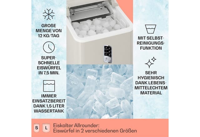 Klarstein Eiswürfelmaschine Albaron Eiswürfelbereiter, Bulleteis für Zuhause 12kg/Tag LCD Display 1,5 L Ice Maker