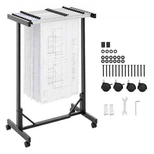 VEVOR Mobiles Blueprint-Aufbewahrungsregal, Verstellbarer Blueprint-Halter, inkl. 12 Aluminiumklemmen (762 mm), Rollen, Präsentationsständer für Akten, Pläne, Poster, Büro & Zuhause