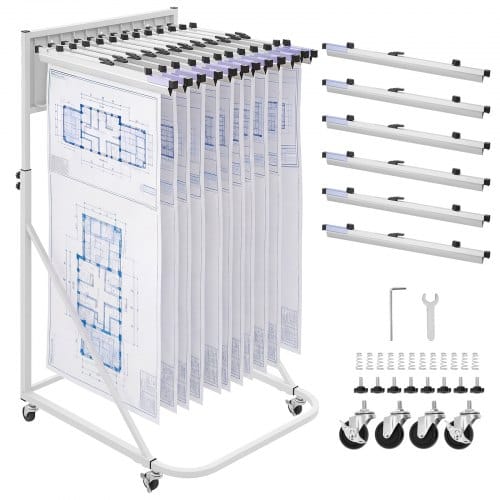 VEVOR Mobiles Blueprint-Aufbewahrungsregal, Verstellbarer Blueprint-Halter mit 6 Stk. Alu-Klemmen (610 mm), Präsentationsständer, Aufbewahrungsständer für Akten, Pläne, Poster, Büro, Zuhause