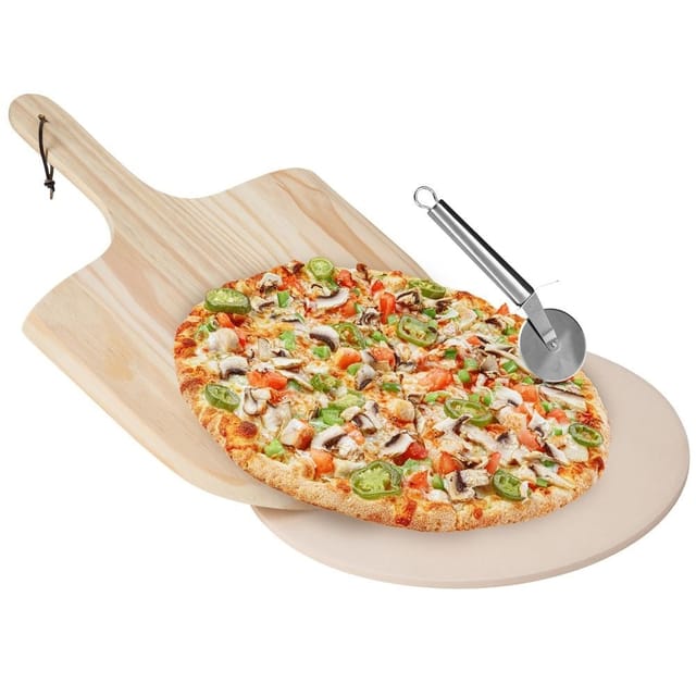 Feuerfester Pizzastein, Spaten, Brotmesser, 3-teiliges Set