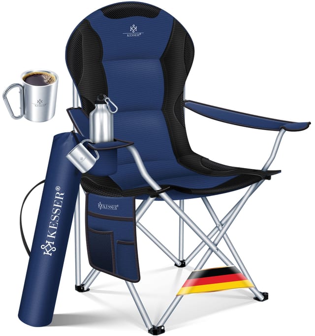 Kesser® Campingstuhl Faltbar Bis 150 Kg Angelstuhl Faltstuhl Klappstuhl Gepolstert Mit Armlehnen Und Getränkehalter + Tasche Mit Hoher Rückenlehne Navyblau / Schwarz