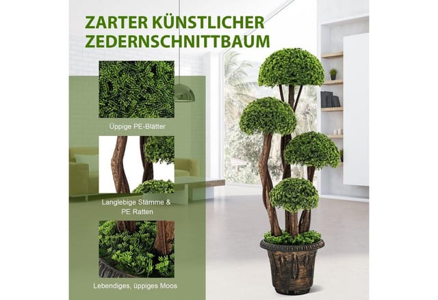 Costway Kunstpflanze mit 4 Kugeln & Realistischem Stamm Grün 90 cm