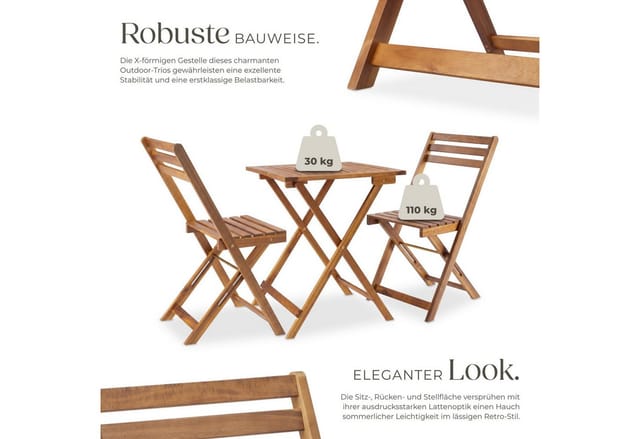 tectake® Bistroset, klappbar, für 2 Personen, vormontiert, massives Akazienholz