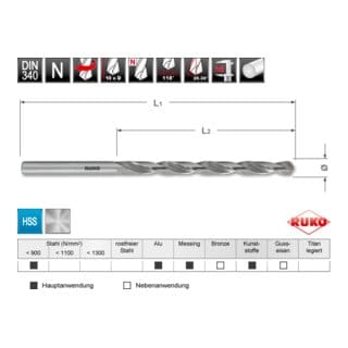 RUKO Spiralbohrer DIN 340 Typ N HSS-G Ø 5,0 x 132 x 87 mm
