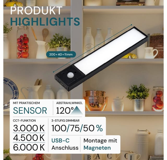 LUXULA LED-Schrankleuchte mit Bewegungsmelder, 2,2W, 70lm, CCT, IP20, schwarz, 20cm