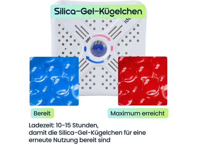shop'n smile ideoon Luftentfeuchter Kompakter Mini Luftentfeuchter 250ml Kabellos mit Silica Gel Kügelchen, Ladezeit: 10–15 Std./wiederverwendbare Kügelchen/1er,2er,4er-Set
