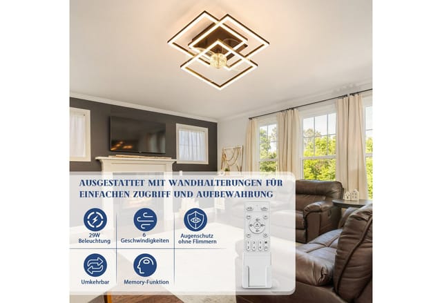 Nettlife Deckenventilator Beleuchtung Schwarz LED Deckenlampe 6 Stufen Fernbedienung leiser, für Wohnzimmer Esszimmer Schlafzimmer Timer Nachtautomatik
