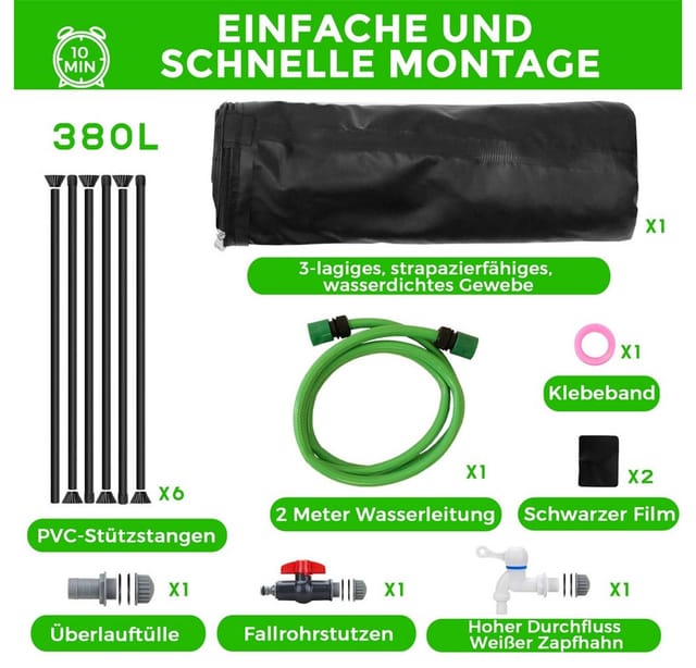 Feel2Home Regentonne Regentonne faltbar + Hahn Regenfass Wassertank ver. Größen, 380 l, (Stück, Stück), inkl. 2 Meter Wasserschlauch mit Anschluss