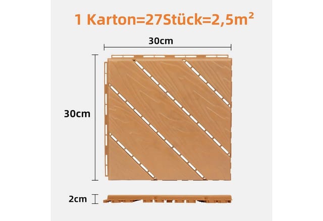 LALAHO Terrassendielen 27er Set Terrassendielen, 2,27 m², 2 mm Stärke, PE Balkon Boden rutschfest Klickfliesen, 29x29x2cm, Streifen