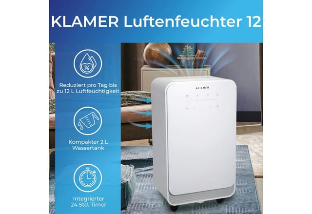 KLAMER Luftentfeuchter Elektrisch 12L, 100m³ Luftumwälzung pro Stunde, 280W starker Raumentf…, Entfeuchtung 12 l/Tag, Timer 1-24h, diverse Modi, Nachtmodus, Feuchtigkeit in 5%-Schritten