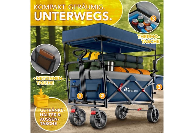 Tresko® Bollerwagen Faltbar Mit Dach Blau, Kühlfach & Seitenrollos Handwagen Max. Belastbar Bis 150kg Transportwagen Mit Vollgummireifen & Feststellbremsen (vorne & Hinten) Und 3-punkt-gurt