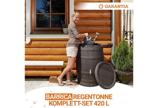 Garantia Barrica Regentonne Komplett-set 420 Liter Braun Inkl. Chrom-doppelauslaufhahn Und Fallrohranschluss