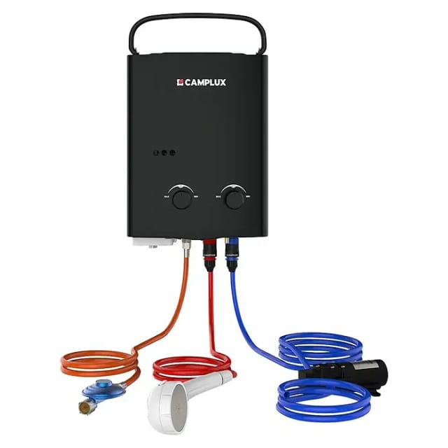 Camplux Tragbare Gas-wassererwärmer 5l/min 10kw, Durchlauferhitzer Mit Propan/butan-gas - Ay132bp43-de - 50 Mbar - Schwarz - Mit Wasserpumpe