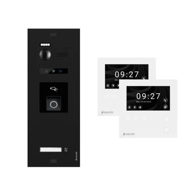 Balter Evo-HD-Mini Video Türsprechanlage mit Fingerprint Komplettset für 1-Familienhaus mit 2x 4,3 Zoll WiFi Monitor Schwarz