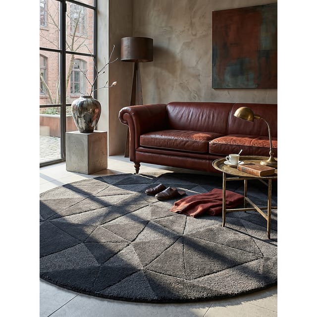 Wollteppich geometrisch Anthrazit Ø160 cm - DEBEN Kadima Design